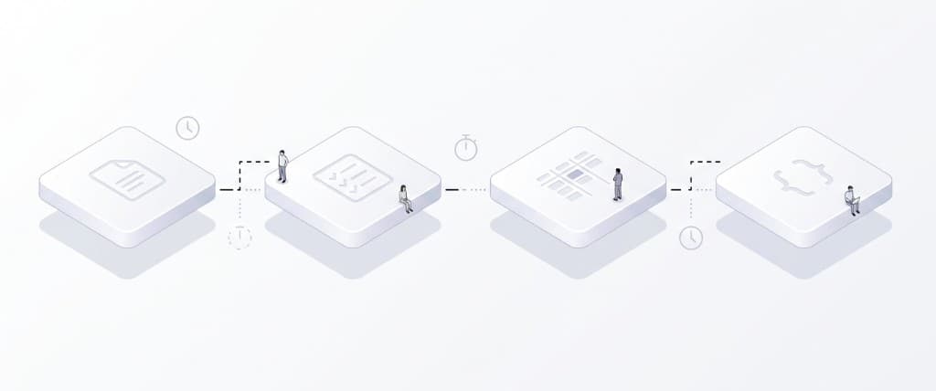 Linear workflow with handoffs between document, backlog, board, and build stages